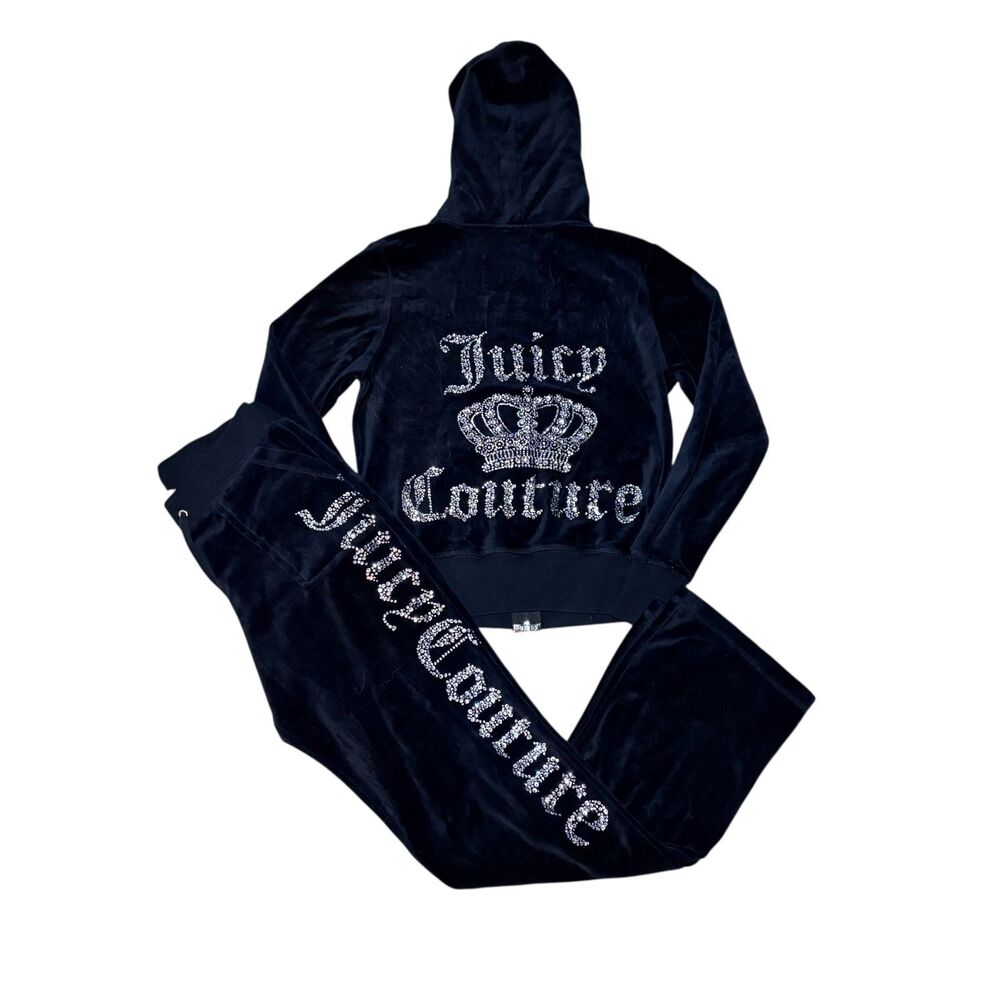 Juicy Couture Y2K Velour Tracksuit Black Rhinestone Logo Crown Hoodie Set S